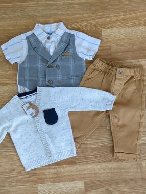 Boys 3-Piece Infant Set - Shirt & Vest, Cream Cardigan & Tan Pants, 3-6 Months